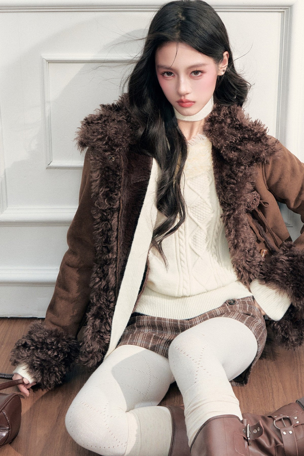 Fur Collar Off-Shoulder Cable Knit Sweater