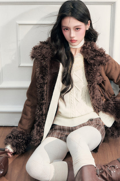 Fur Collar Off-Shoulder Cable Knit Sweater