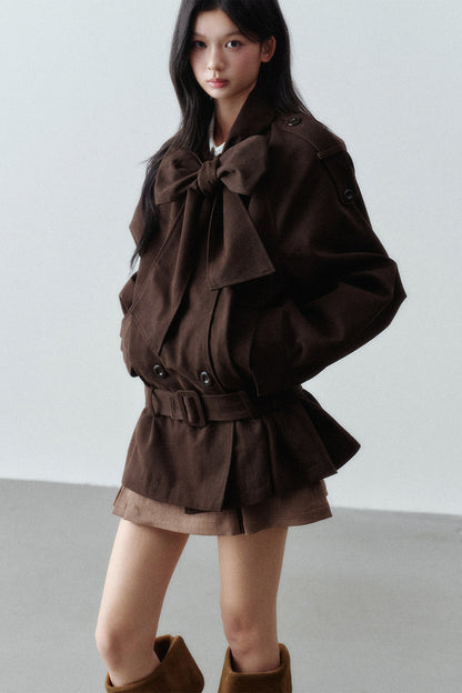 Bow Tie Low-Waist Cotton Trench Coat