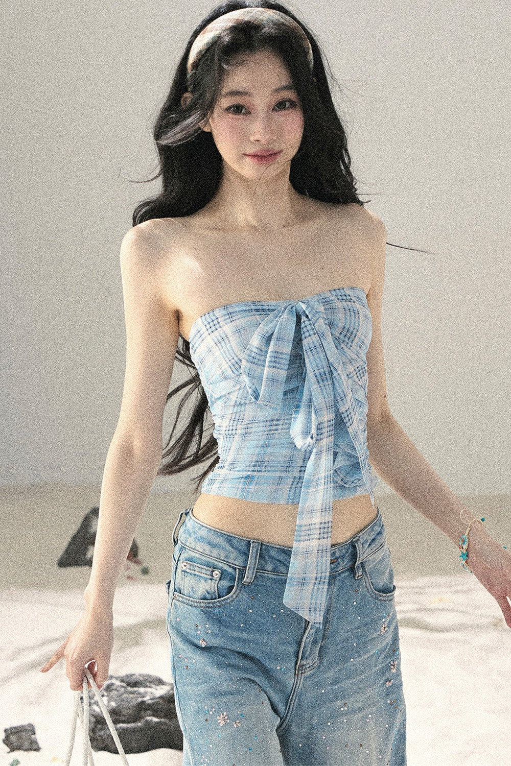 Blue Danube Plaid Bow Tube Top Set-Up