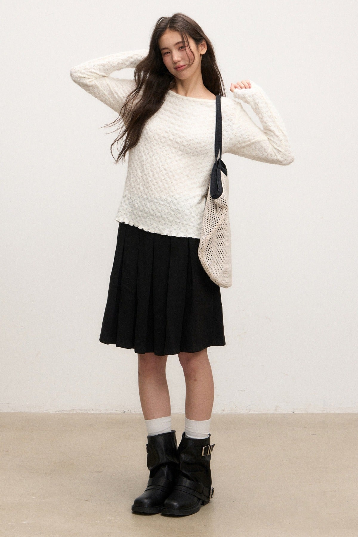 Textured Long Sleeve Knit Sweater With Pants and Skirt Set-Up