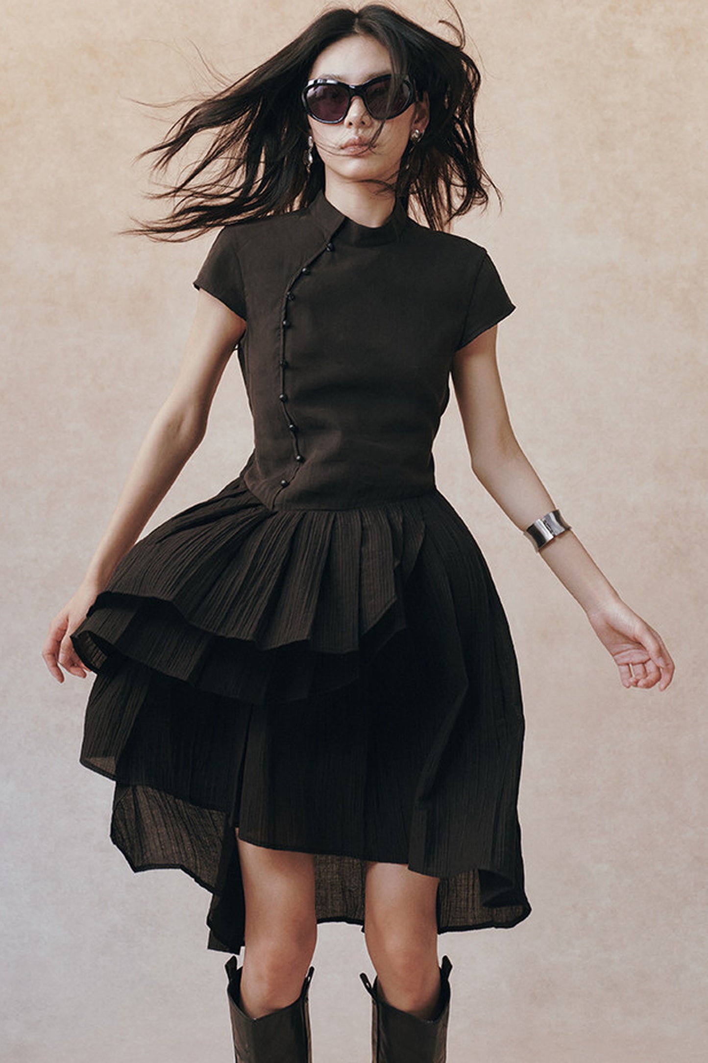 Diagonal Placket Pearl Button Irregular Hem Dress