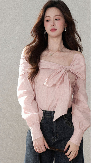 One-Shoulder Bow Long Sleeve Blouse