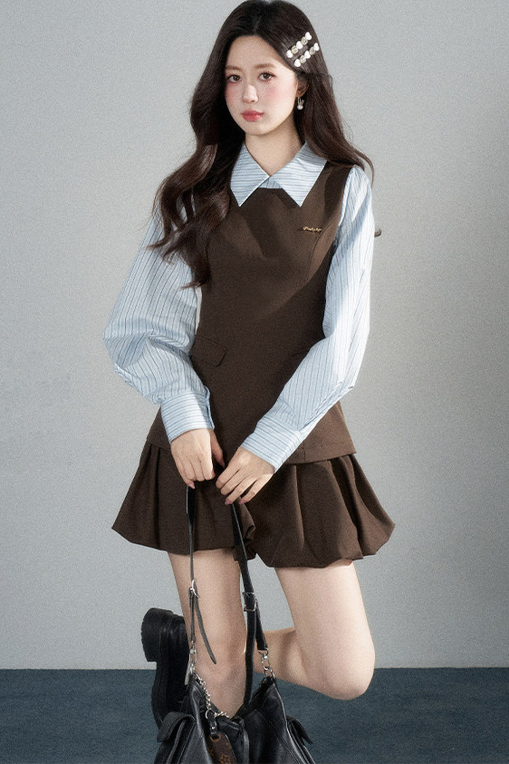 Preppy Layered-Look Striped Shirt Dress