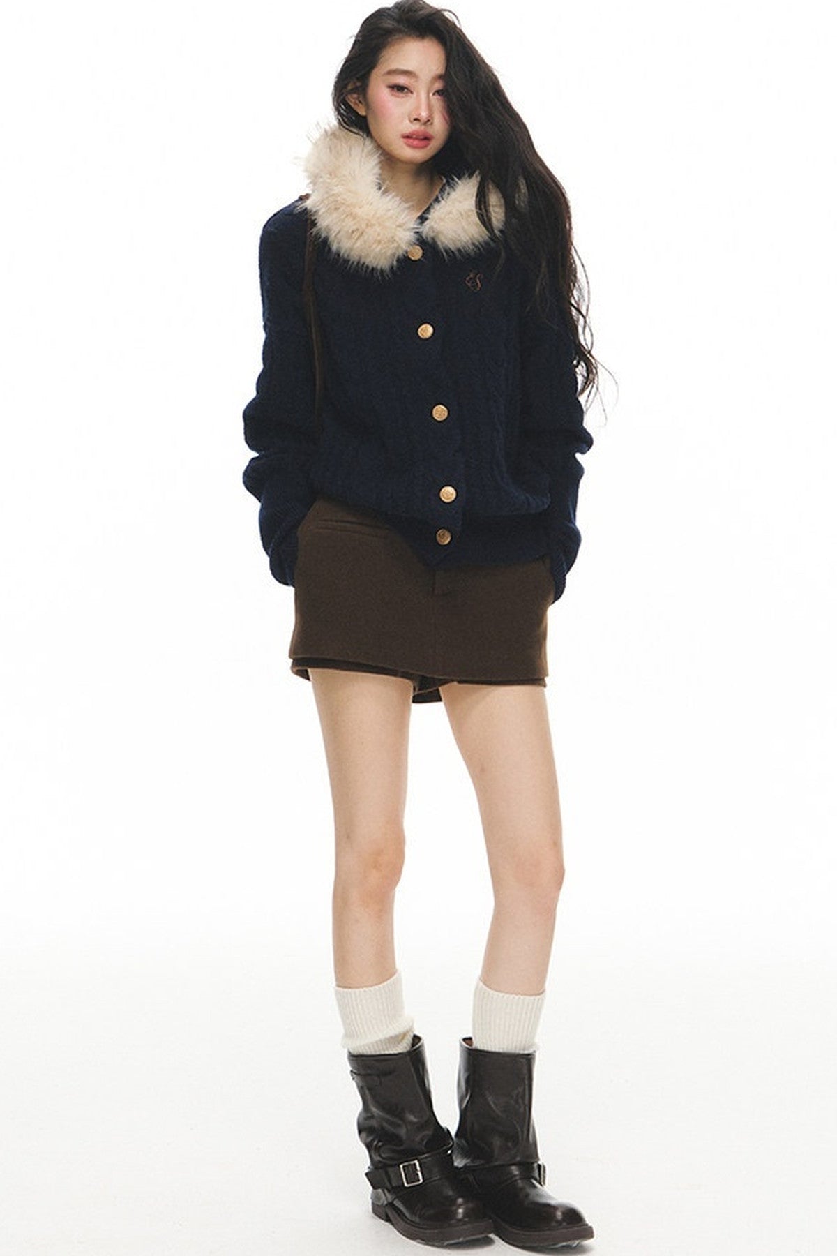 Fur Collar Knitted Cardigan and Skirt Set-Up