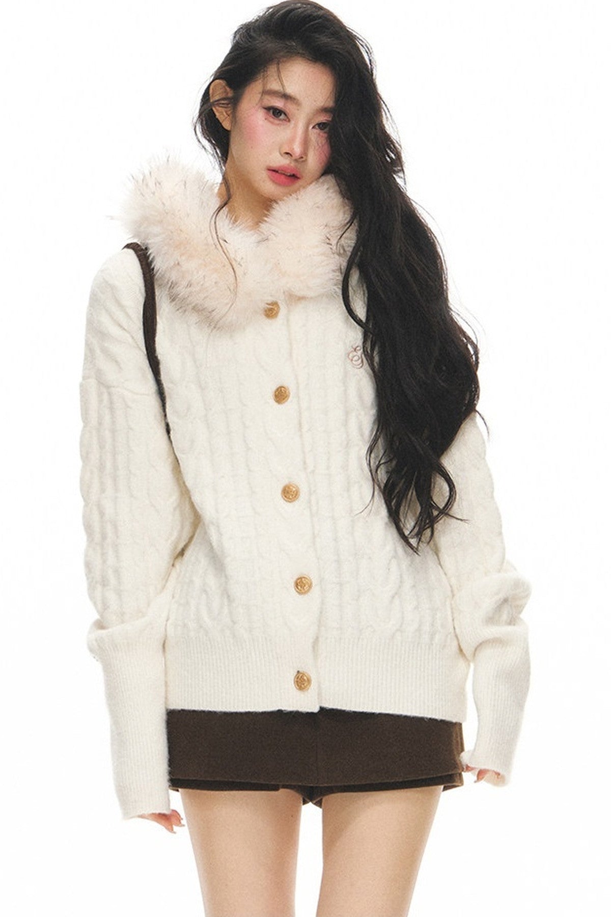 Fur Collar Knitted Cardigan and Skirt Set-Up