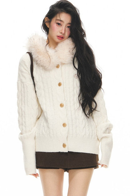 Fur Collar Knitted Cardigan and Skirt Set-Up