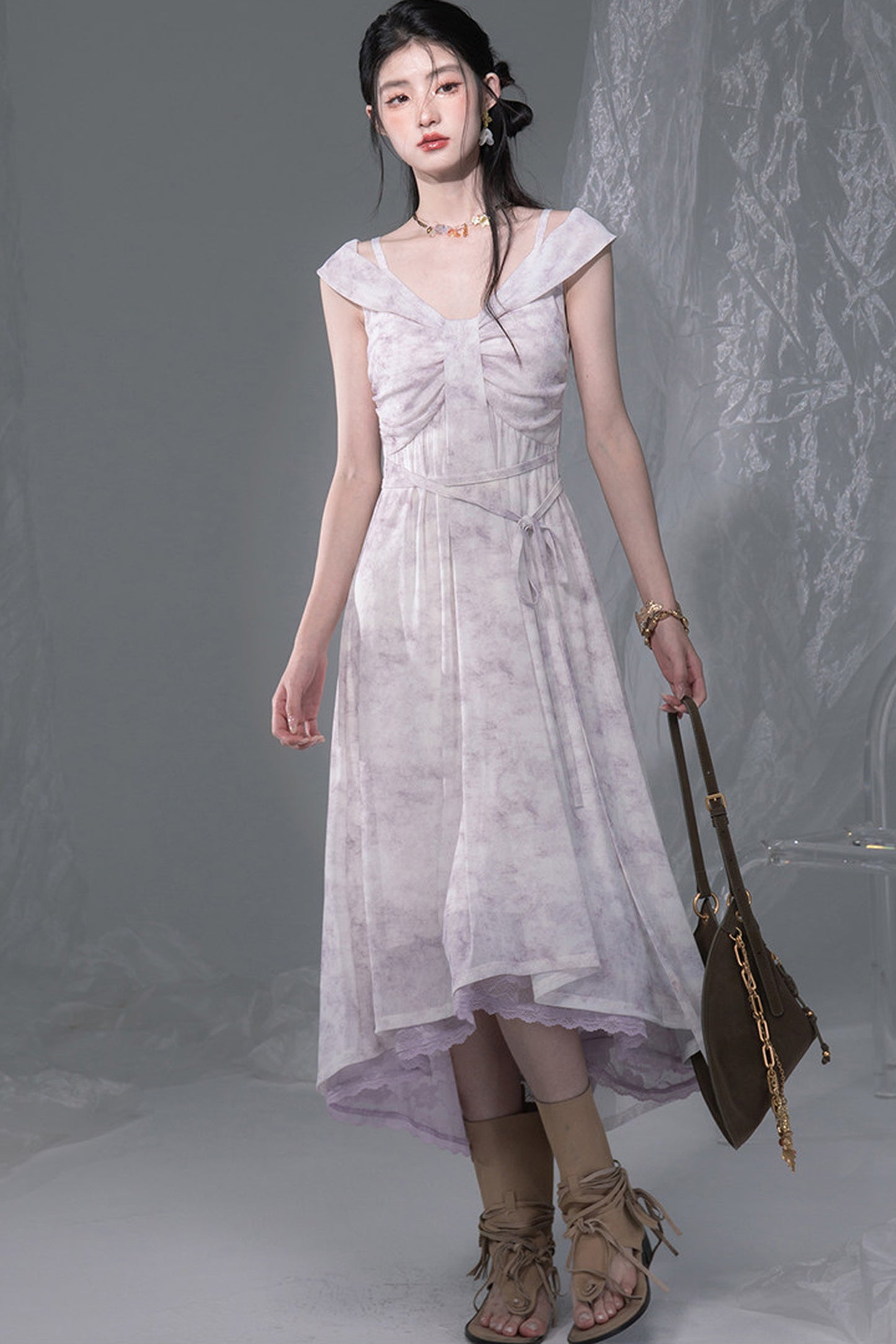 Cloud Smoke Purple Bow Tie Dress