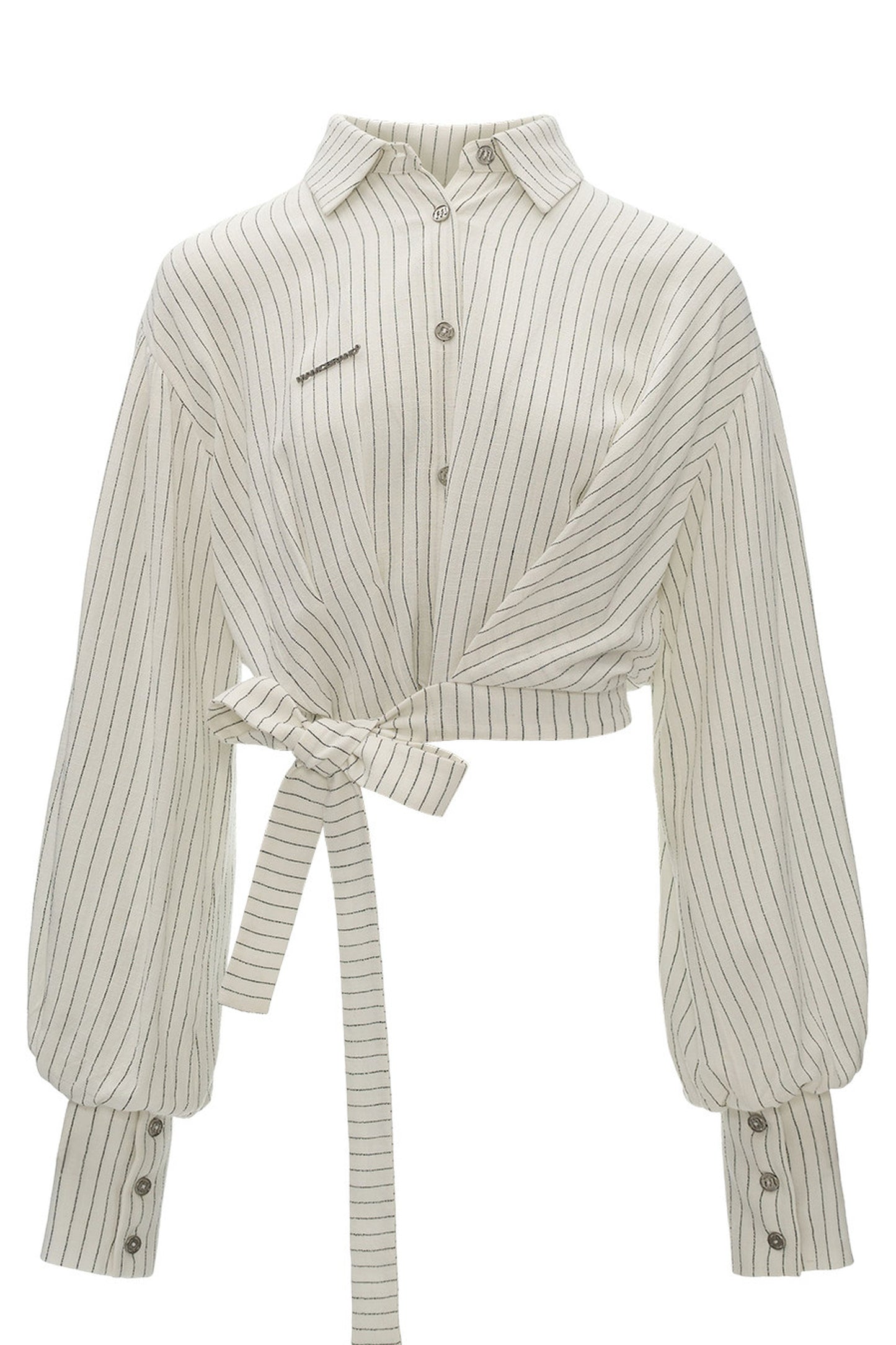 Vertical Striped Tie-Waist Lantern Sleeve Shirt