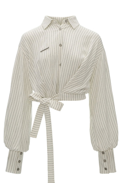 Vertical Striped Tie-Waist Lantern Sleeve Shirt
