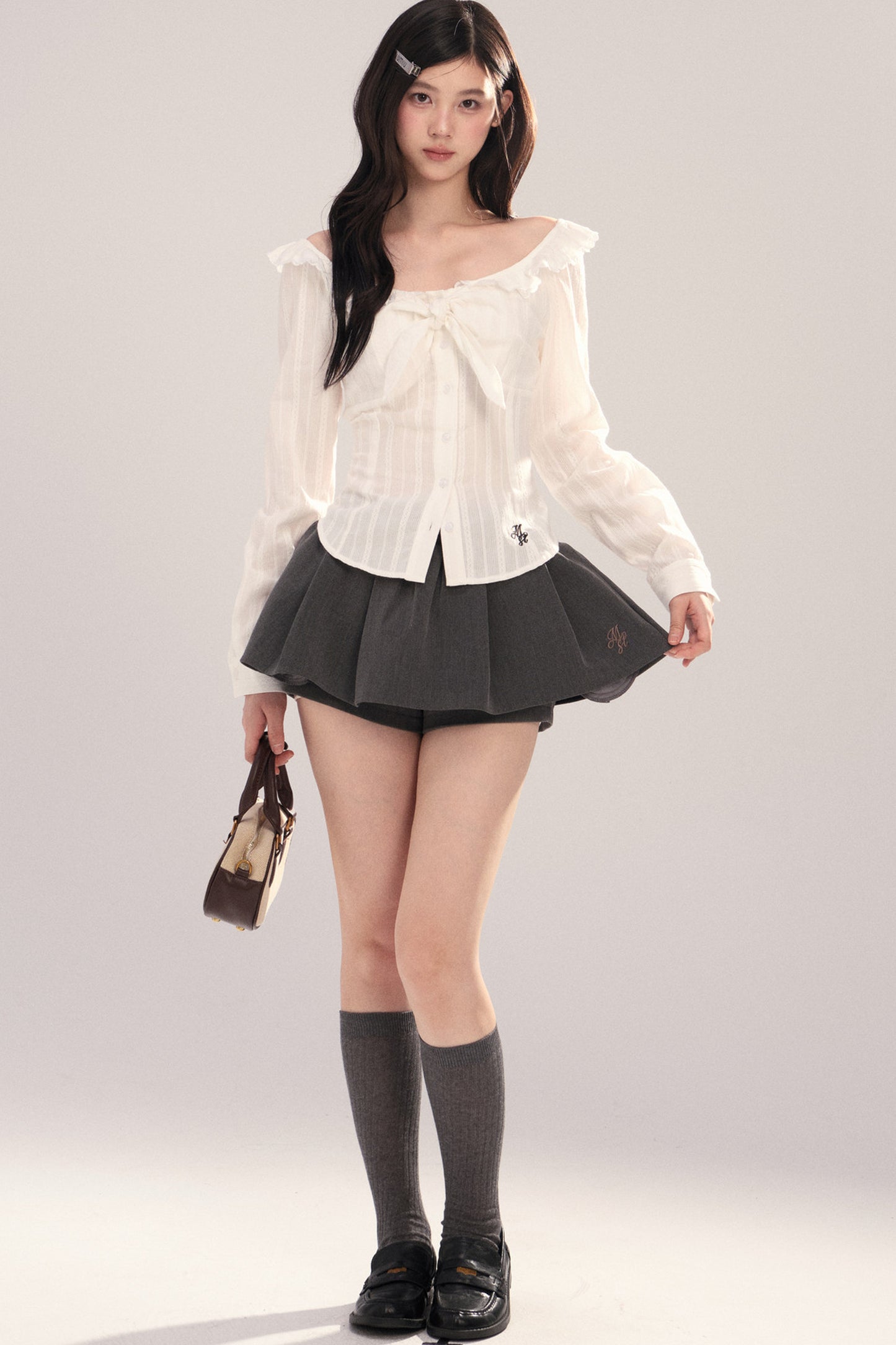 Embroidered Gray Bow Tutu Skirt