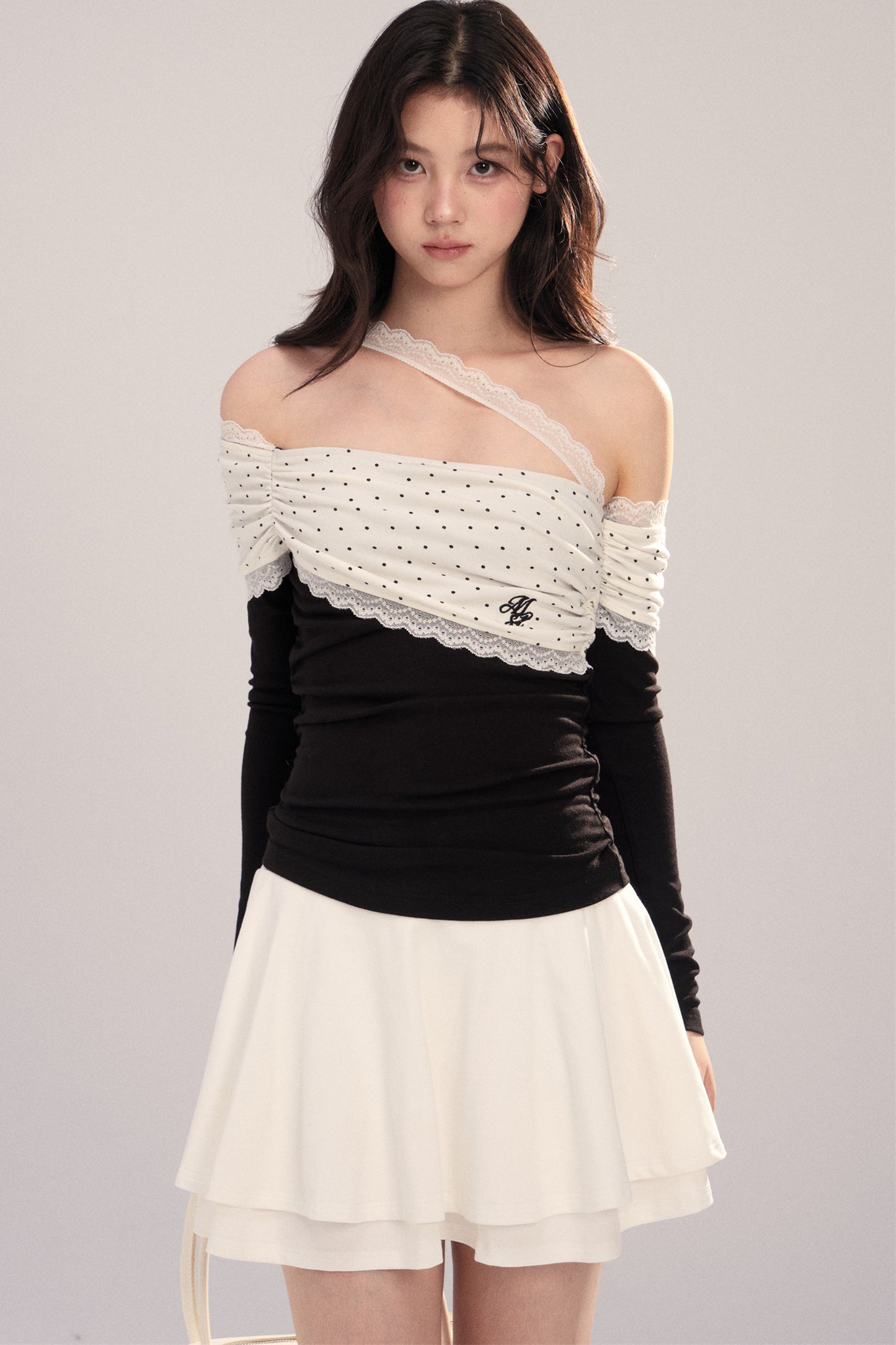 Polka Dot Spliced Lace Off-Shoulder T-Shirt