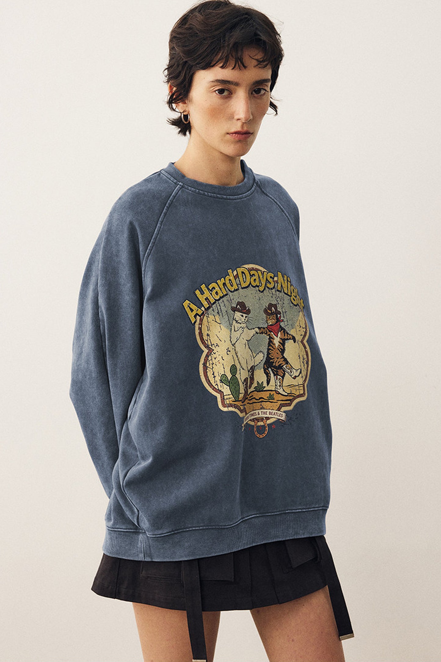 Washed Cat Print Sweatshirt and Pants Set