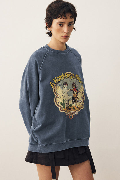Washed Cat Print Sweatshirt and Pants Set