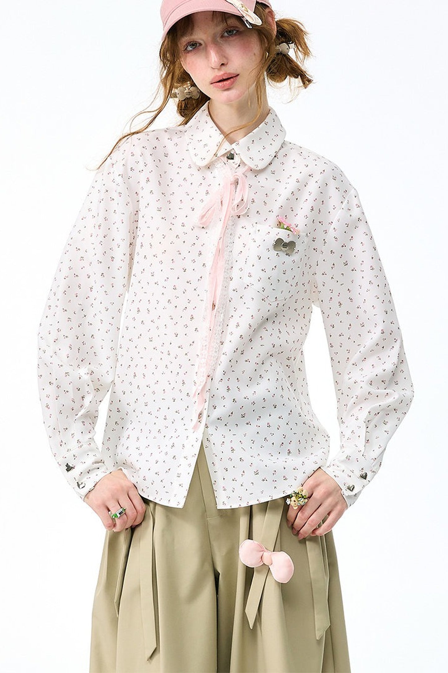 White Floral Lace-Up Doll Collar Blouse