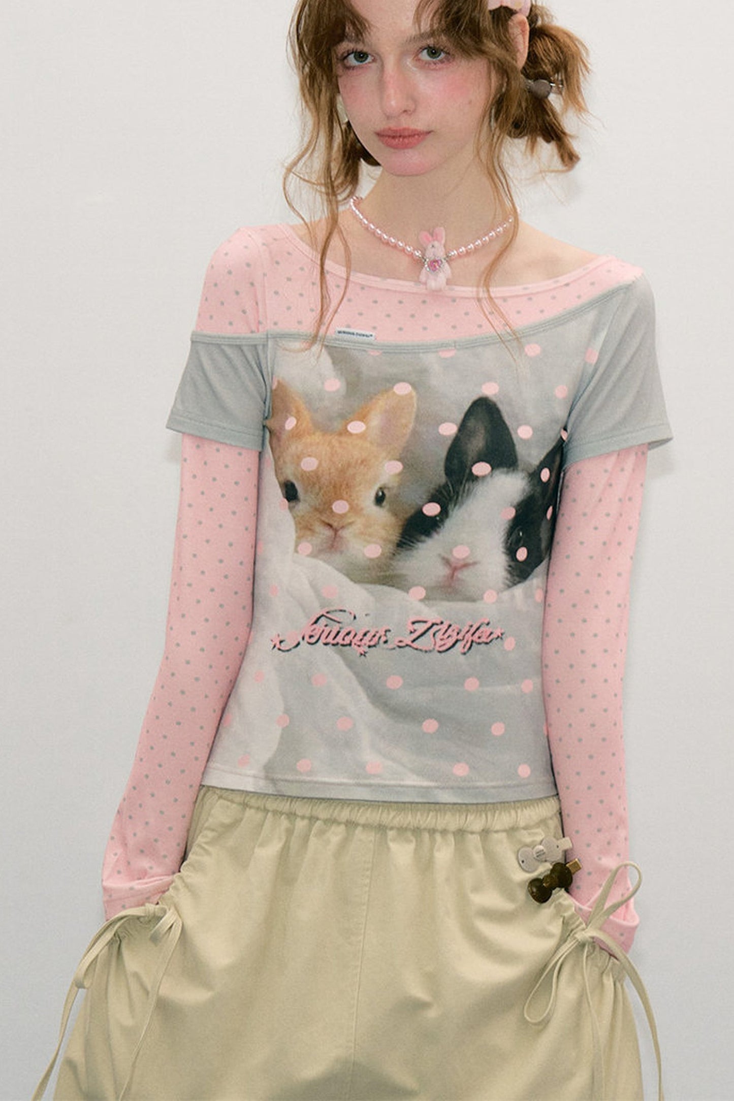 Color-Block Patchwork Rabbit Print Long Sleeve Top