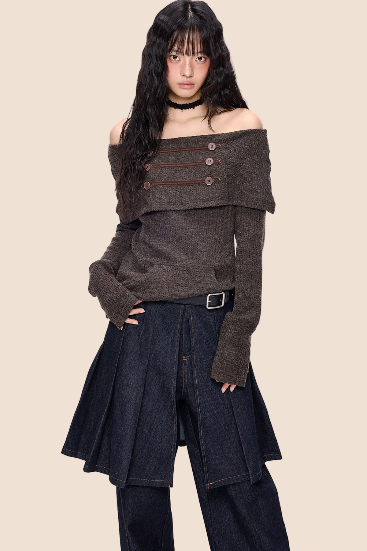 Button Off-Shoulder Knit Top