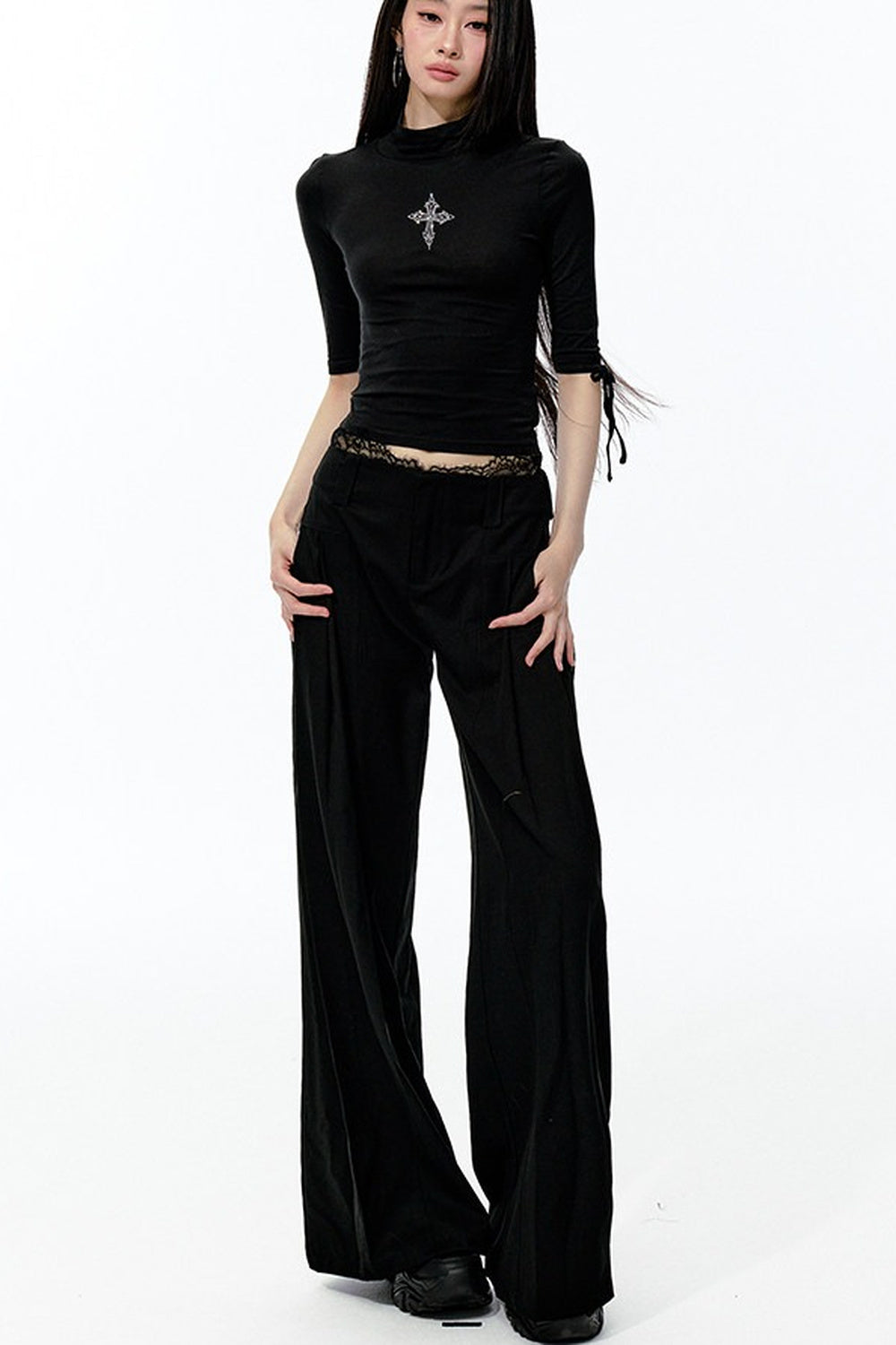 Lace Waist Pleated Wide-Leg Pants
