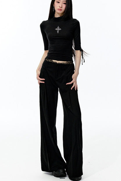 Lace Waist Pleated Wide-Leg Pants
