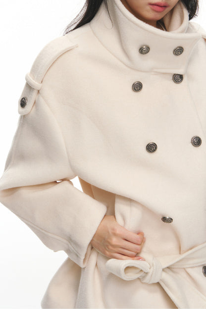 White Double-Breasted Stand-Collar Jacket and Pants Set-Up