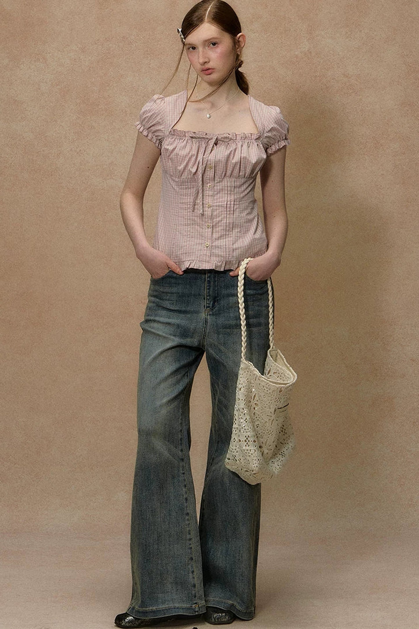 Plaid Puff Sleeve Ruched Top