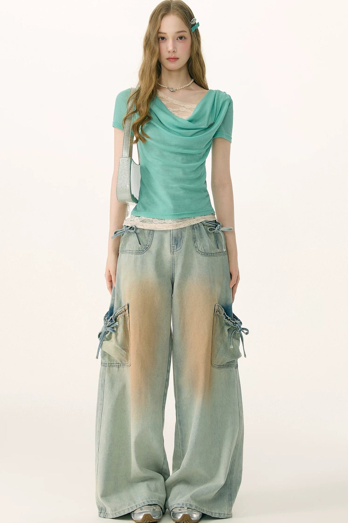 Pantaloni in denim retrò con fiocco