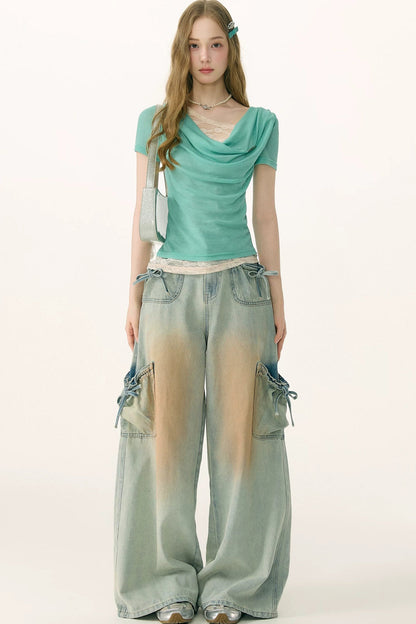 Pantaloni in denim retrò con fiocco