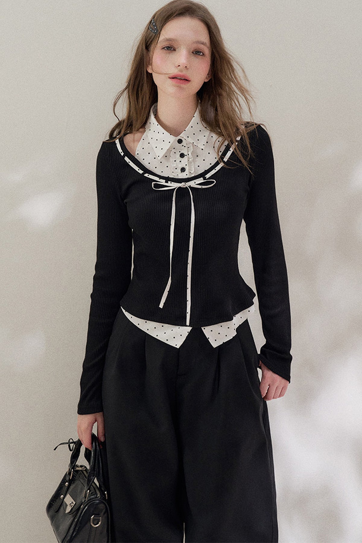 Black Halter Polka Dot Layered Blouse