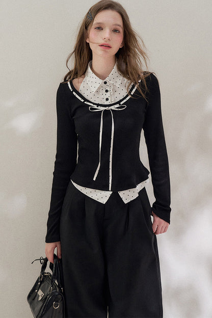 Black Halter Polka Dot Layered Blouse