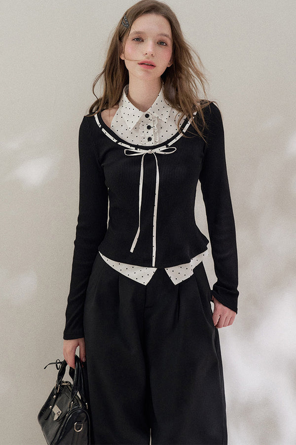Black Halter Polka Dot Layered Blouse