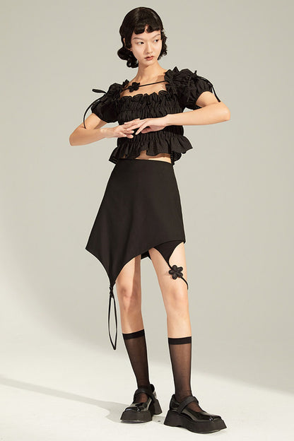 French-Style Black Ruffled Smocked Blouse