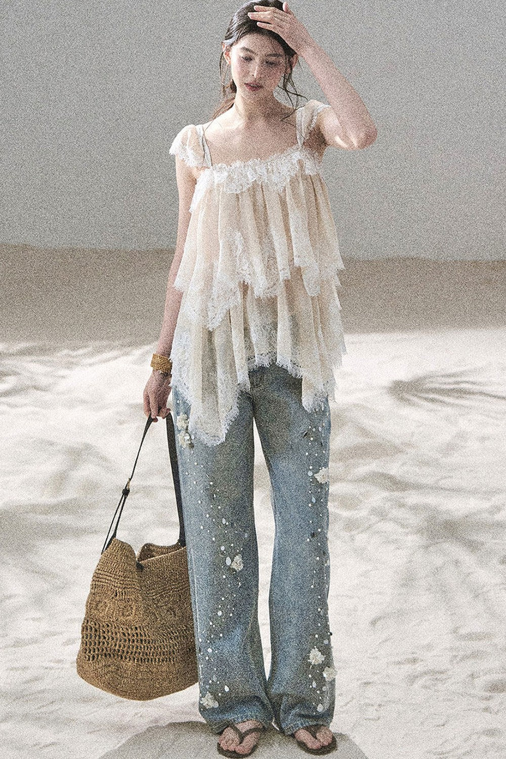 French Irregular Lace Mesh Top Set-Up