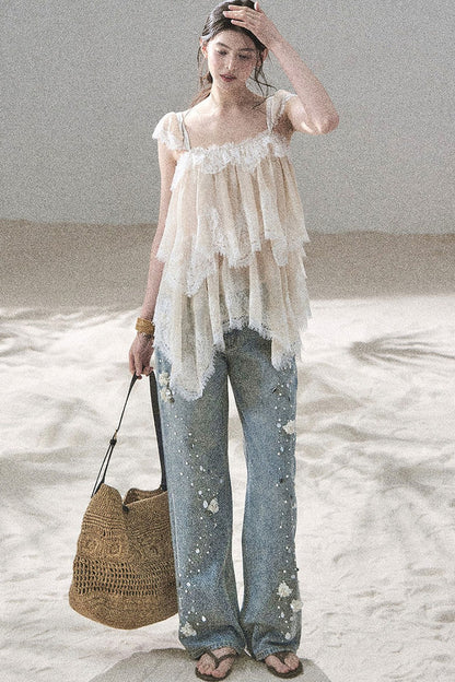 French Irregular Lace Mesh Top Set-Up