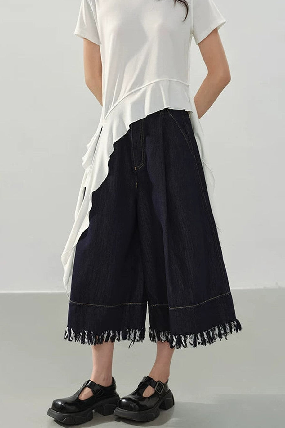 Black Fringe Wide-Leg Denim Culottes