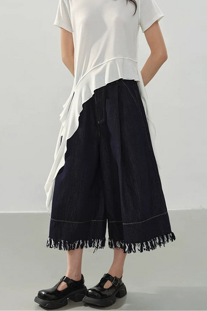 Black Fringe Wide-Leg Denim Culottes
