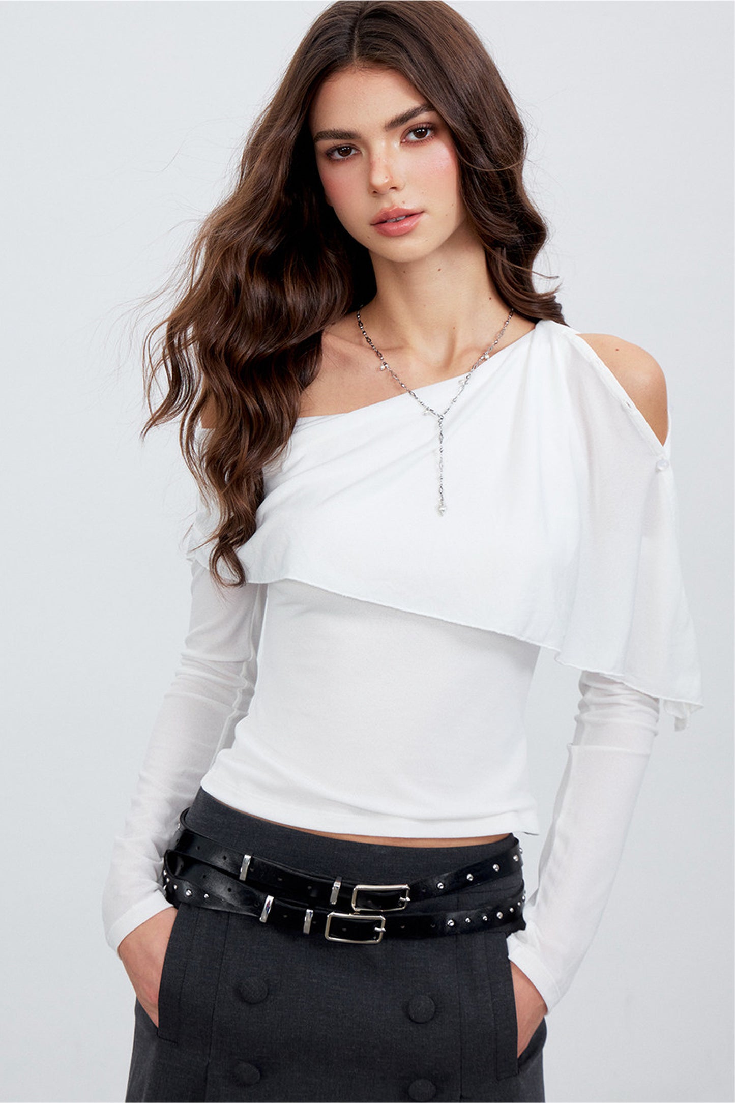 Asymmetric One-Shoulder Button Shawl Long Sleeve Top