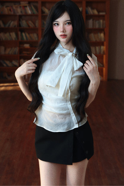 Slightly Sheer Waist-Cinching Cap Sleeve Shirt and Tube Top Set