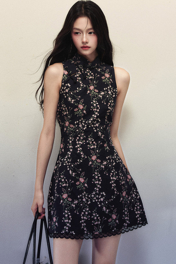 Floral Print Stand Collar Sleeveless Dress