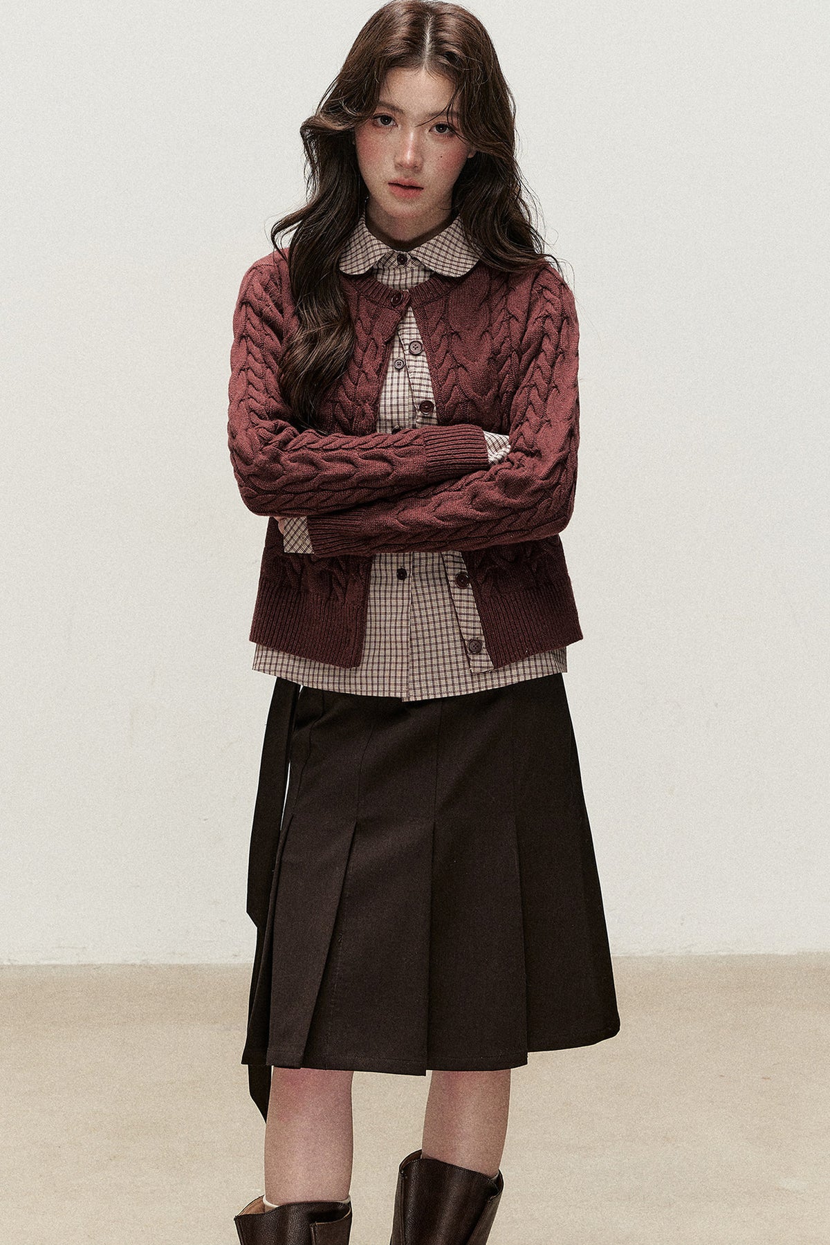 Plaid Layered-Look Knit Top