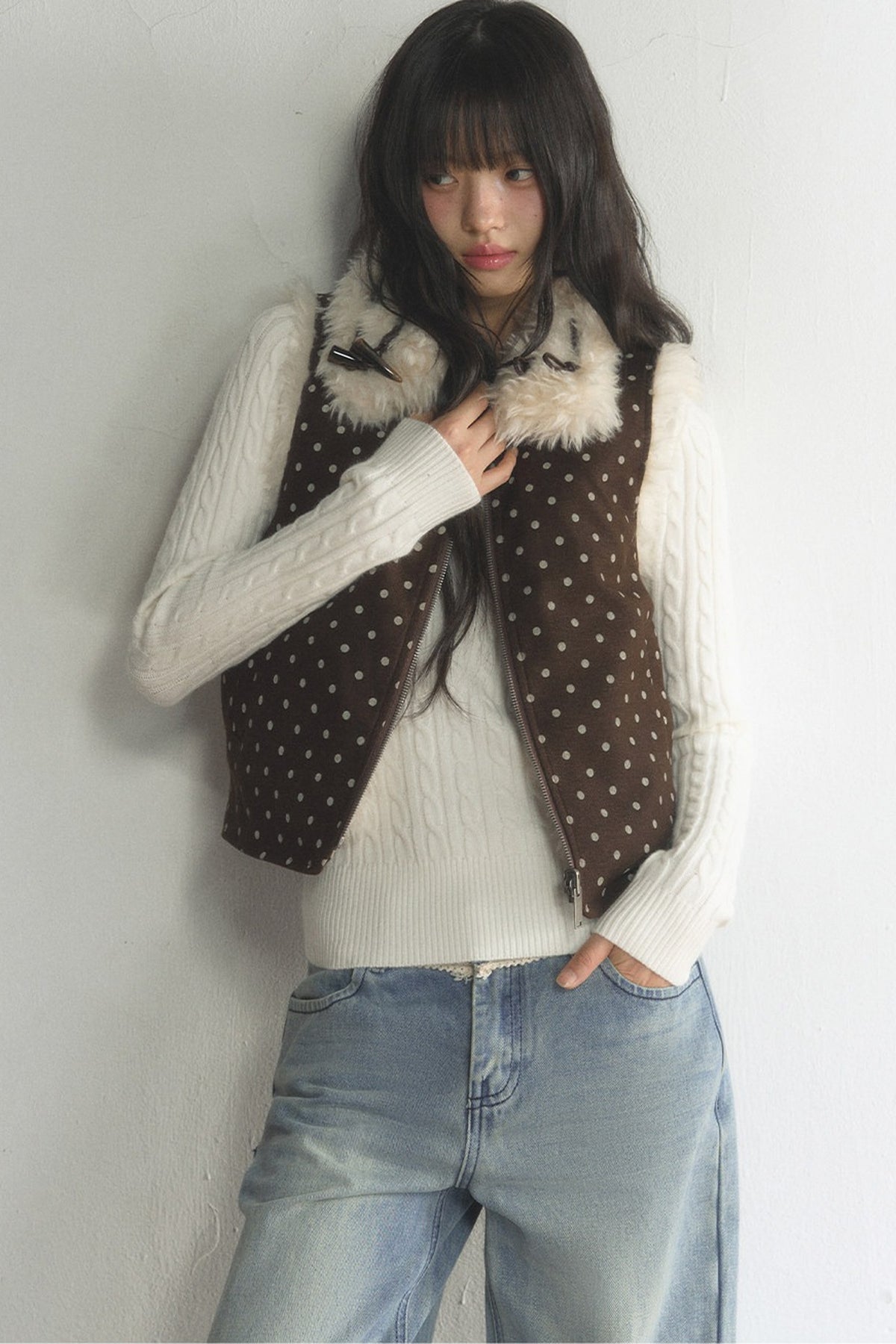 Retro Polka Dot Fur Collar Vest and Pants Set-Up