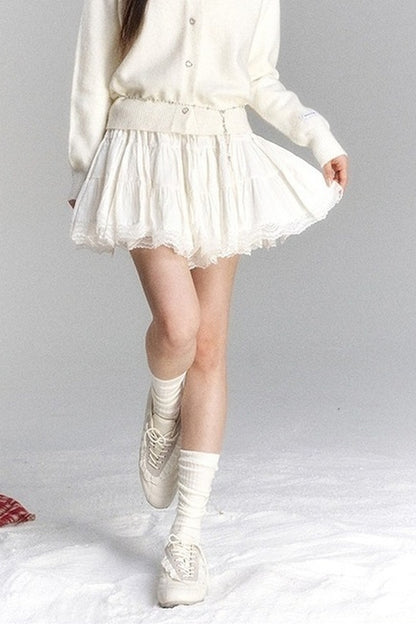 Lace Trim Knit Cardigan and Skirt Set-Up