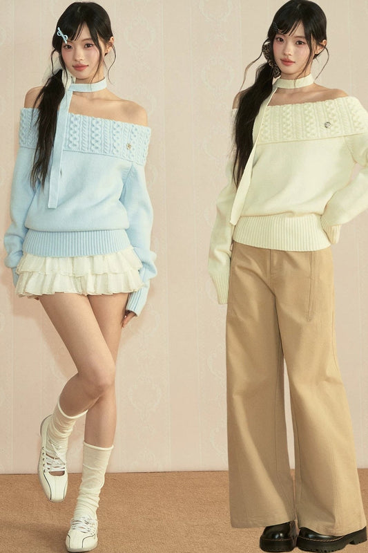 Off-Shoulder Long Sleeve Knit Top