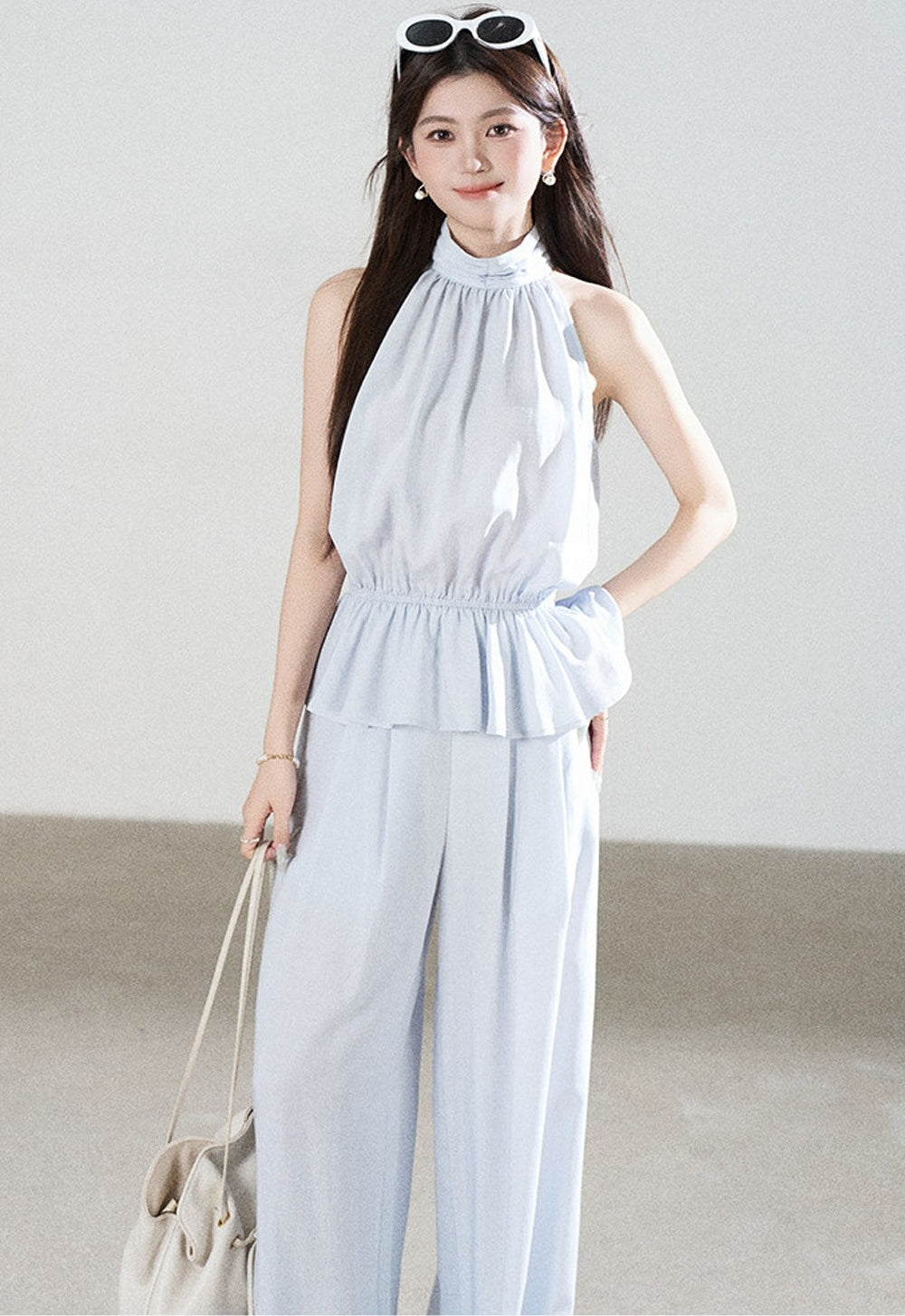 Blue Tencel Halter Shirt and Wide-Leg Pants Set