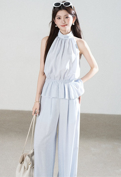 Blue Tencel Halter Shirt and Wide-Leg Pants Set