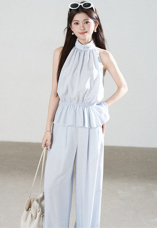 Ensemble chemise dos nu en Tencel bleu et pantalon large