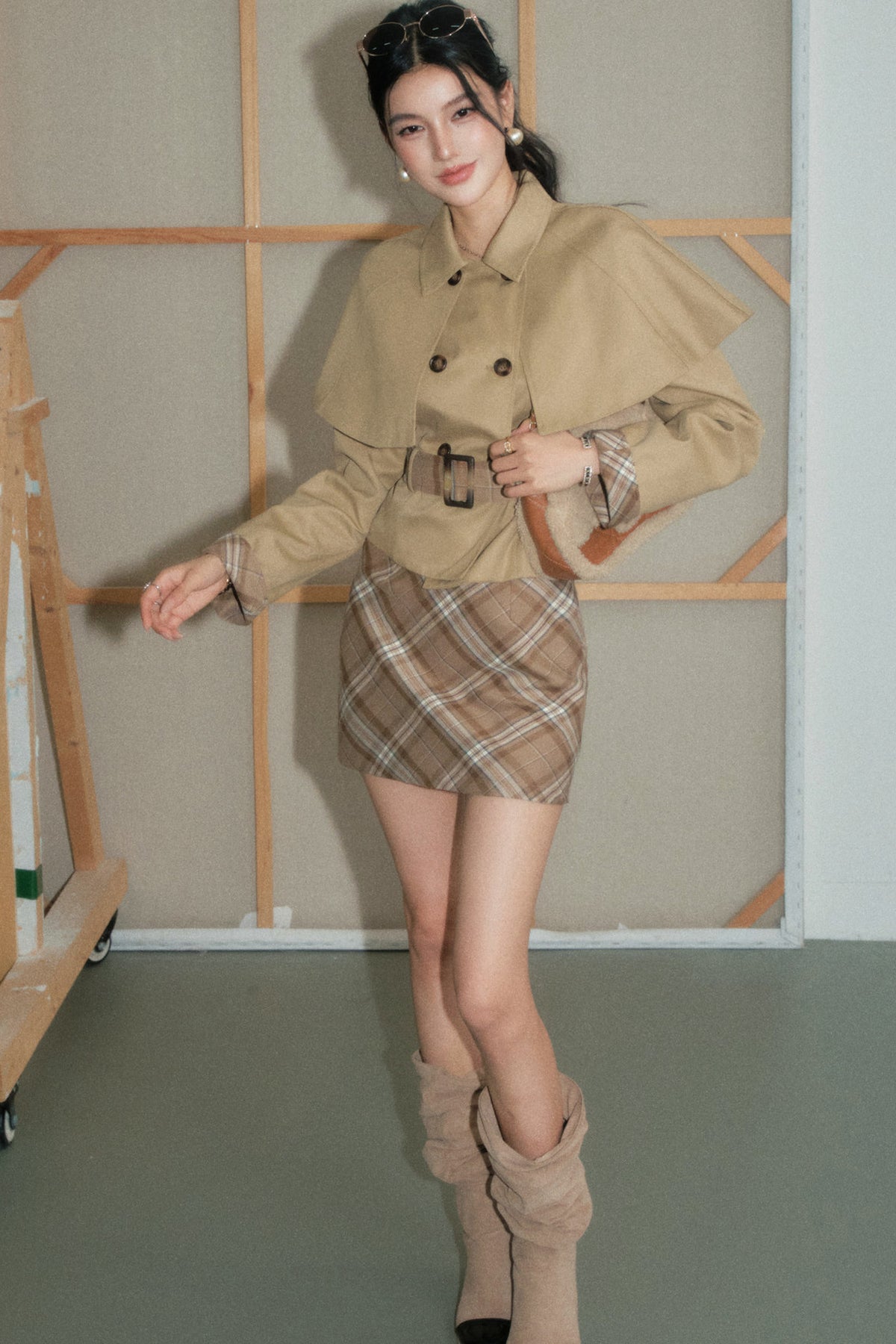 Twill Plaid Skirt and Windbreaker Set-Up