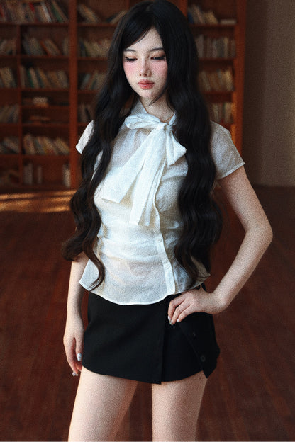 Slightly Sheer Waist-Cinching Cap Sleeve Shirt and Tube Top Set