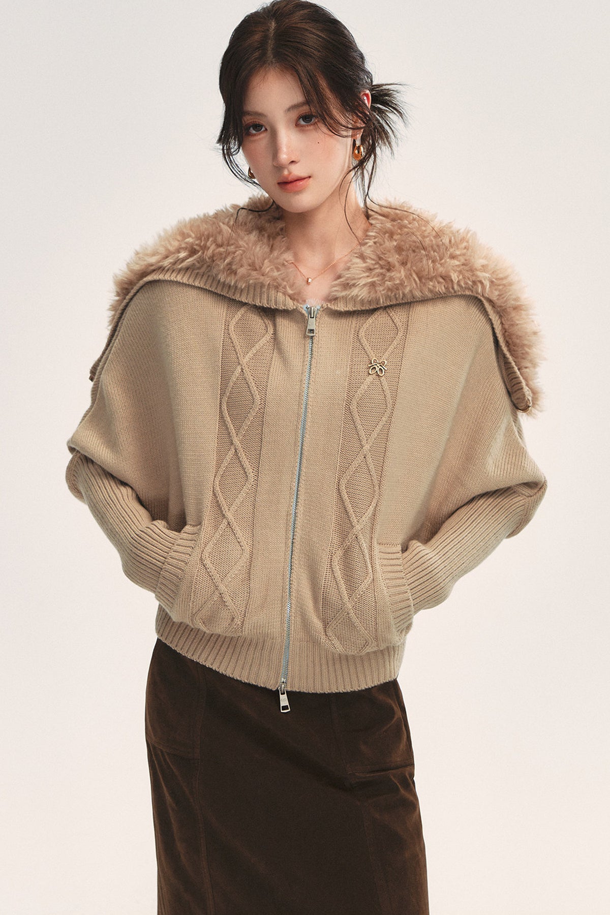 Detachable Navy Fur Collar Cable-Knit Cardigan