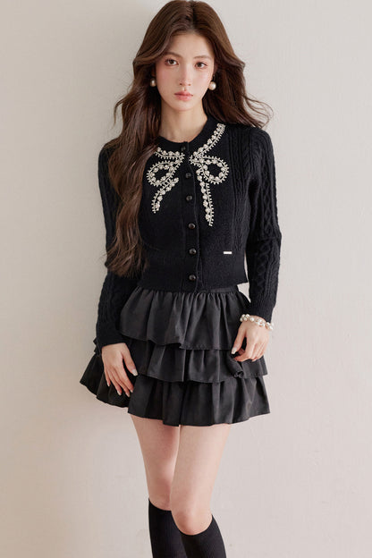 Rhinestone Pearl Bow Merino Cardigan Top