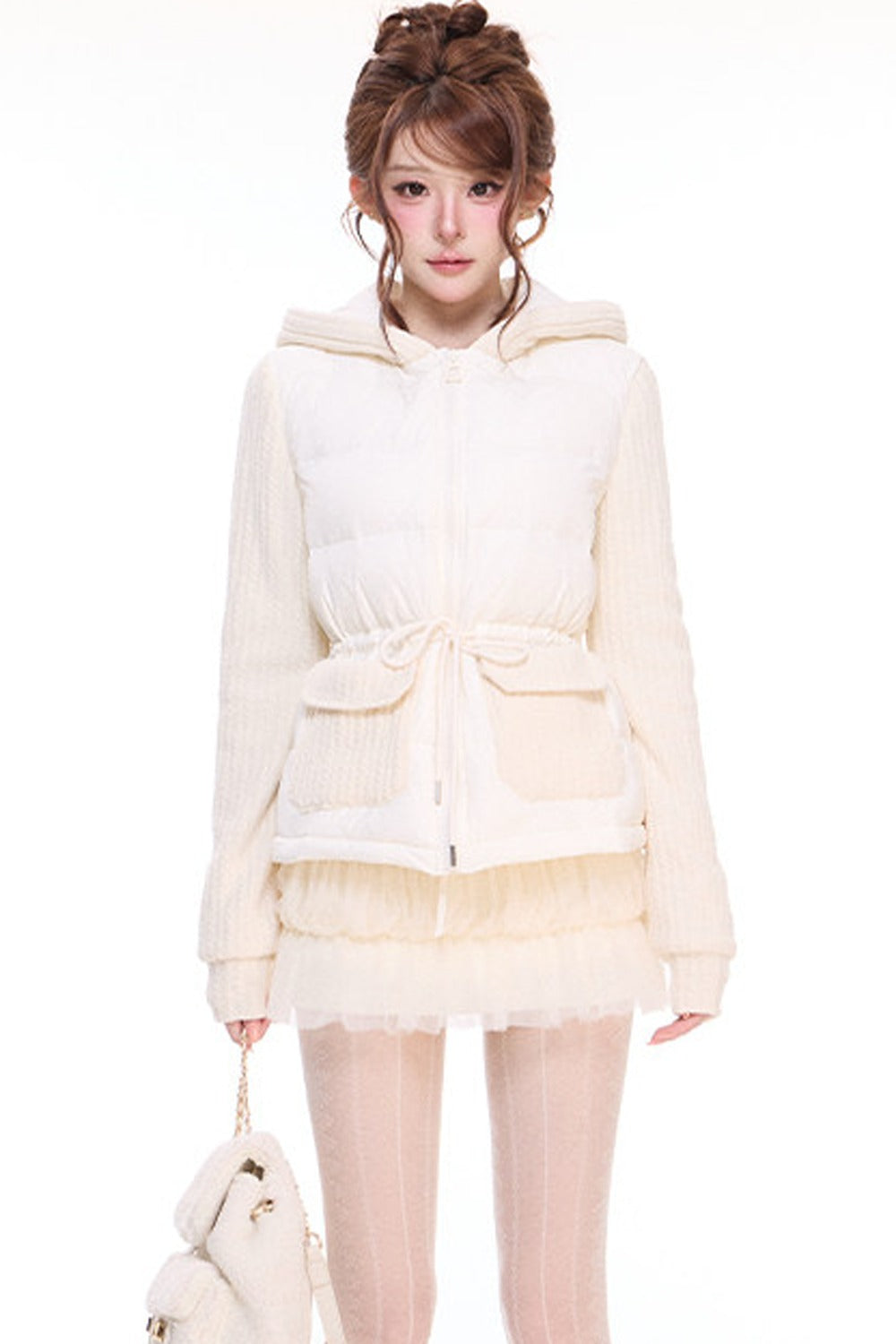 Hooded Drawstring Down Jacket and Mesh Woolen Skirt Set-Up